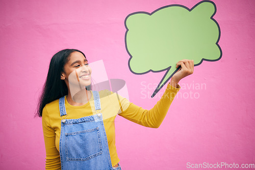 Image of Woman, speech bubble and quote on social media, mockup or opinion, review and space for feedback or advertising placement. Gen z, dialogue box and sign for communication on billboard, banner or chat