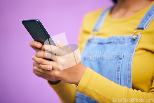 Image of Phone, search and online with hands of woman for network, social media and communication. Contact, post and technology with closeup of person on pink background for gen z, notification and mobile app