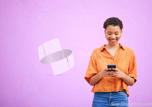 Image of Gen z, smile and space with woman and phone for network, social media and communication. Contact, post and technology with person on purple background for search, notification and mobile app mockup