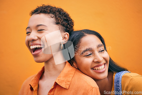 Image of Happy, friends and relax with women on wall background for teenager, youth and smile. Student, happiness and gen z with face of young girls in urban city for social, fashion and freedom together
