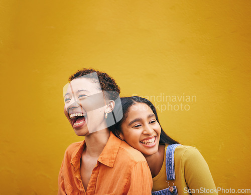 Image of Happy, friends and space with women on wall background for teenager, youth and smile. Relax, happiness and gen z with face of young girls laughing in city for social, fashion and mockup together