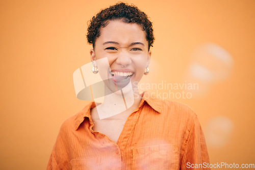 Image of Portrait, crazy and woman with tongue out in studio for funny, joke or expression against orange background space. Face, emoji and silly young female model pose with good mood, personality and humor