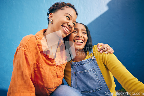 Image of Smile, friends and hug with women on wall background for teenager, youth and happy. Student, happiness and gen z with face of young girls relax in urban city for social, fashion and freedom together