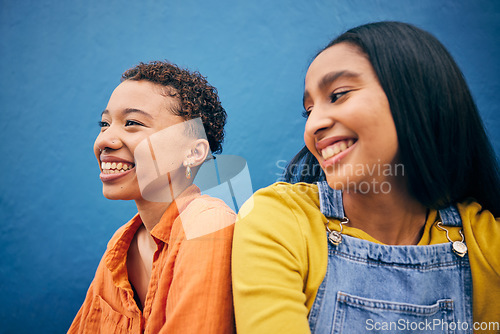 Image of Happy, friends and student with women on wall background for teenager, youth and smile. Relax, happiness and gen z with face of young girls in urban city for social, fashion and freedom together