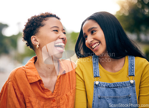 Image of Happy, garden and girl friends in park with laugh and funny joke with bonding and gossip outdoor. Gen z, young people and smile with friendship, freedom and holiday with joy on student vacation