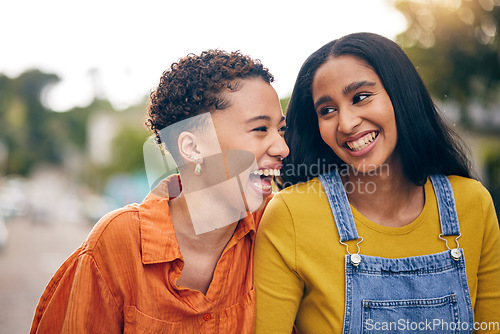 Image of Happy, women and friends in park with laugh and funny joke with bonding and gossip outdoor. Gen z, young people and smile with female friendship, freedom and holiday with joy on student vacation