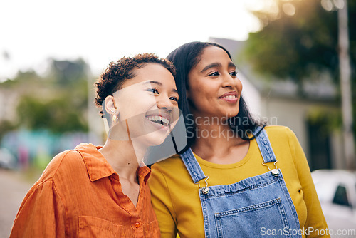 Image of Happy, smile and girl friends in park with laugh and funny joke with bonding and gossip outdoor. Gen z, young people and relax with female friendship, freedom and holiday with joy on student vacation