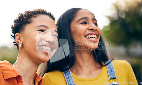 Image of Happy, women smile and girl friends in park with laugh and funny joke with bonding and gossip outdoor. Gen z, young people and smile with female friendship, freedom and holiday with joy on vacation