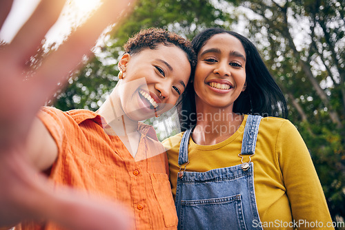 Image of Selfie, happy and portrait of women in park for social media, online post and profile picture. Friendship, nature and female people with hand take photo for bonding, holiday and relaxing outdoors