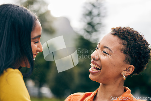 Image of Outdoor, women and friends in park with laugh and funny joke with bonding and gossip. Gen z, young people and smile with happy female friendship, freedom and holiday with joy on student vacation