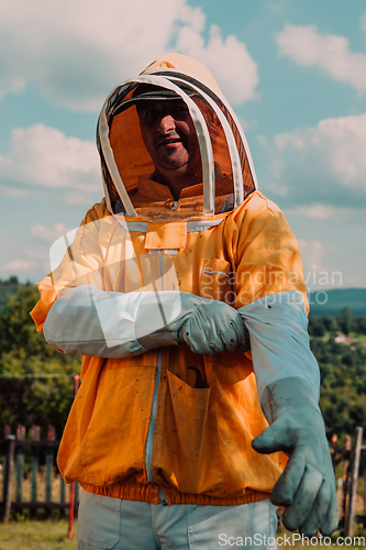 Image of Beekeeper put on a protective beekeeping suit and preparing to enter the apiary