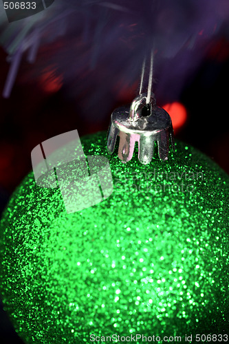 Image of Christmas ornaments on tree.