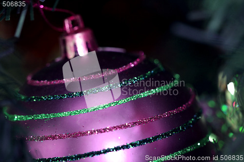 Image of Christmas ornaments on tree.