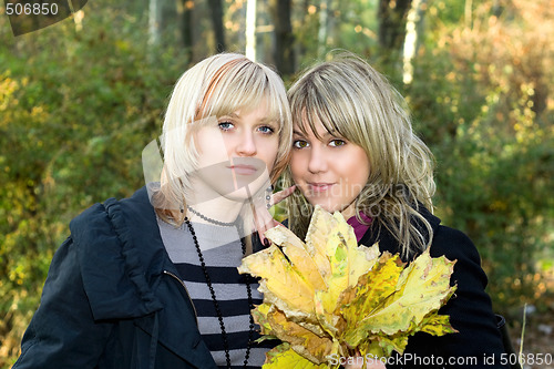 Image of Portrait of the two young women with autumn leaves