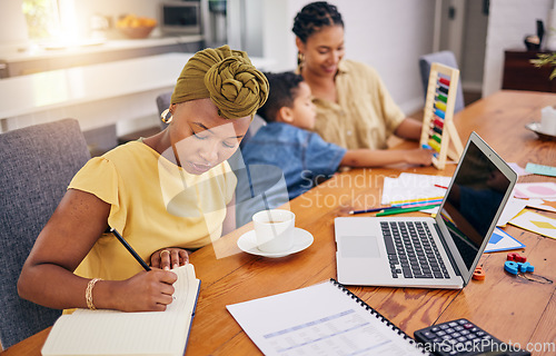 Image of Remote work, lesbian couple and black woman with kid in home for learning math. African freelancer, taking notes and child with mothers for studying, adoption or interracial education with gay family