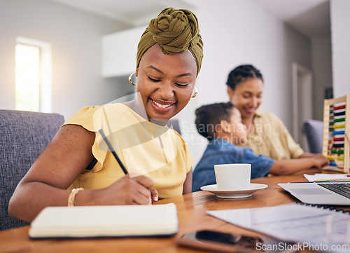 Image of Remote work, black woman writing and child in home with happy babysitter for learning math. African freelancer, taking notes and kid with mother for education, adoption or interracial study with book