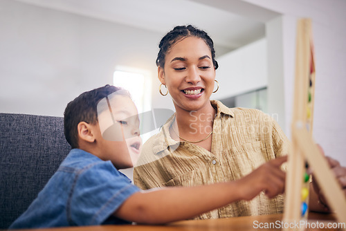 Image of Learning, abacus and education of child with mom or tutor, teacher and mother helping with homework, study and counting. Kindergarten, math games and development of boy in remote or home school