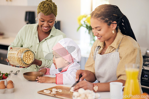 Image of Cooking, gay family and a child in home kitchen for learning, development and love. Adoption, lesbian or lgbtq women or parents and a happy young kid together to cook food with care, help and support