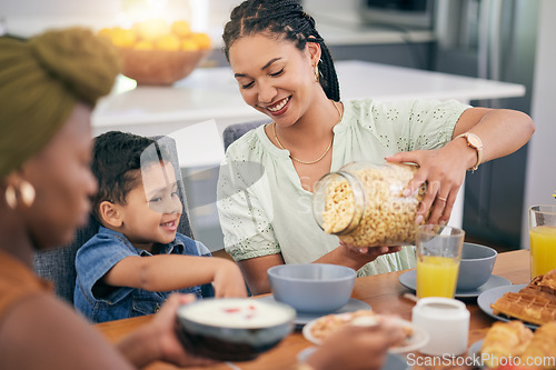 Image of Breakfast cereal, happiness and family eating, giving meal or enjoy quality time together, brunch event and pour morning food. Relax child, mother or parent serving hungry kid in home dining room