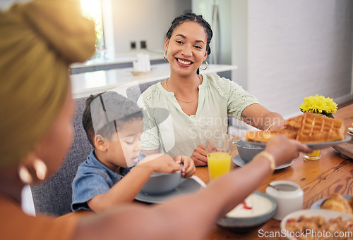 Image of Happiness, breakfast food and family eating meal, waffles or enjoy morning time together, home lunch or brunch in dining room. Love, people care and relax hungry people, kids and parents giving snack