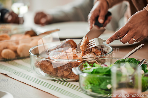 Image of Hands, cutting turkey and thanksgiving for dinner, lunch or food for event, celebration and nutrition. Person, cutlery and poultry food for eating, share and culture for diet, zoom or closeup in home