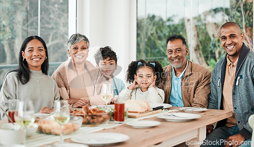 Image of Portrait, relax and family with food, lunch and happiness with quality time, nutrition and children. Face, grandparents or mother with father, kids and meal with love, home and happy with generations