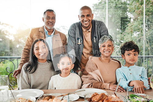 Image of Portrait, smile and family with food, lunch and happiness with quality time, relax and celebration. Face, grandparents and mother with father, children and kids with dinner meal, home and nutrition