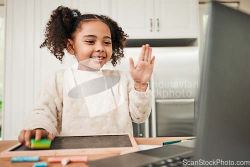 Image of Hello, video call and a child with a laptop for elearning, home education and studying online. Happy, wave and a girl student with a greeting for virtual school, classroom or a kindergarten webinar