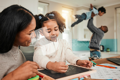 Image of Child learning, family and mom help with chalkboard, writing and school homework at home. Mother, young girl and knowledge development with kid teaching in a house with education for homeschool