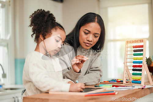 Image of Learning, math and mother help kid with homework for homeschool lesson, project or academic assignment. Smile, happy and parent or mom support child with education, development and studying together