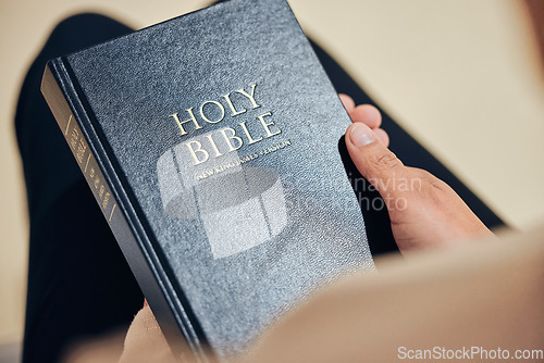 Image of Bible, hands and person in prayer, religion and peace in a lounge, praise and holy worship for guidance. Closeup, believer or faith with meditation, reading book or mindfulness with spiritual or calm