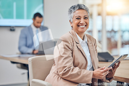 Image of Portrait of woman in office with tablet, business people and smile, leadership at startup agency. Workshop, presentation and face of happy businesswoman, professional with opportunity and development