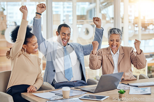 Image of Business people, laptop and teamwork with celebration, goals and success with connection, profit growth and happiness. Staff, corporate or group with pc, smile or collaboration with support or target