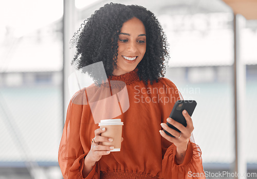 Image of Chat, coffee and a woman with a phone at work for social media, email check or internet information. Smile, break and a young corporate employee on a mobile app and a drink in an office for business