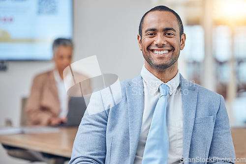 Image of Portrait of man in office for meeting with business people, smile and leadership at startup agency. Workshop, presentation and face of happy businessman, professional with opportunity and development