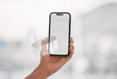 Image of Closeup, mockup and hand with a smartphone, screen and social media with network, connection and email. Cellphone, person and contact with mobile app, blank ux and chat with data, sms and message