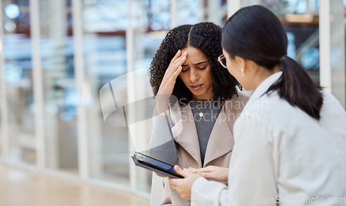 Image of Stress, results and doctor with a woman and tablet for healthcare advice, medical news or problem. Sad, talking and a surgeon speaking to a sick patient with technology and feedback on a test