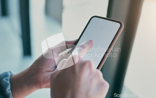 Image of Phone, mockup and hands of person in office for social media, internet and mobile space. Technology, professional and closeup of business worker on smartphone screen for website, brand or advertising