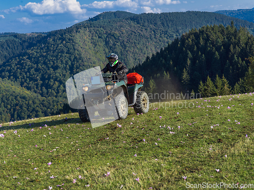 Image of A man driving a quad ATV motorcycle through beautiful meadow landscapes