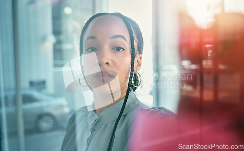 Image of Portrait of woman at glass moodboard, thinking and sticky note for business planning, brainstorming or working process. Ideas, strategy and notes for startup proposal on mind map at office workshop.