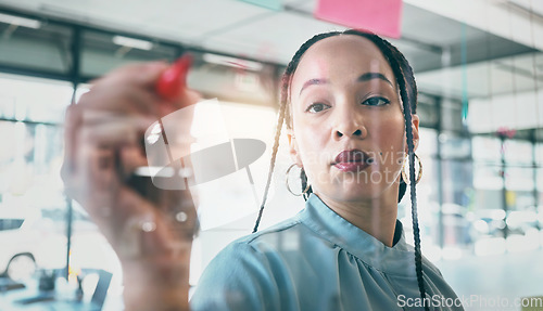 Image of Woman at glass, thinking with ideas and pen for business planning, brainstorming or working process. Mind map, creative plan and writing on moodboard for startup proposal, agenda or workshop schedule