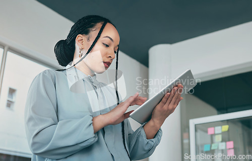 Image of Woman in office on tablet, research and sticky note ideas on moodboard on business plan, brainstorming or proposal email. Thinking, typing pitch and businesswoman on internet for mind map at startup.