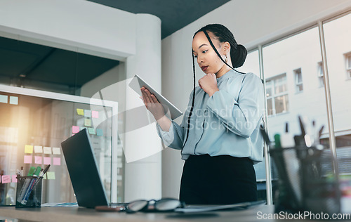 Image of Tablet, thinking and business woman at web analyst company with planning. Technology, female person and online professional working in office with computer and digital data research for project