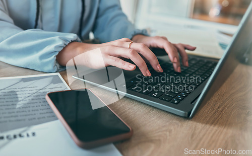 Image of Laptop, technology and woman hands typing UX webdesign, online project development or research website design. SEO designer, social media traffic and closeup person working on company search engine