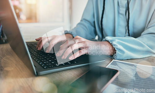 Image of Laptop keyboard, hands and professional person typing UX webdesign, app wireframe development or monitor online info. SEO, web traffic research and closeup computer user working on website layout