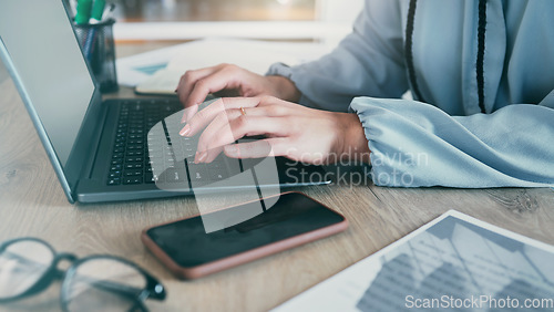 Image of Laptop keyboard, hands or woman typing financial budget report, accounting feedback or bookkeeping administration. Research, communication or closeup female accountant working on company finance plan