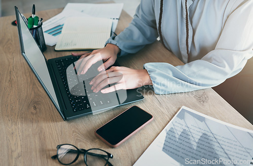 Image of Laptop keyboard, hands and business woman typing financial budget report, accounting feedback or administration. Finance review, closeup professional person or accountant working on spreadsheet data