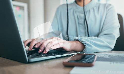 Image of Laptop keyboard, technology or woman hands typing business report, social network advertising post or customer experience review. Closeup person working on online blog post, media analysis or project