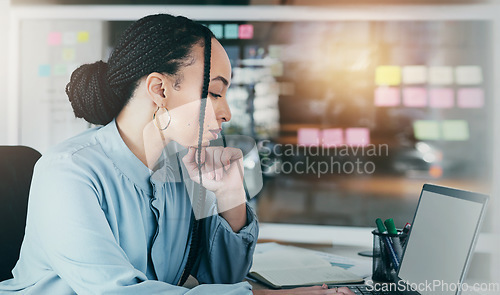 Image of Reading proposal, desk and a woman with a laptop for communication, website or work research. Planning, business and a young corporate employee with information on a computer, network or analysis