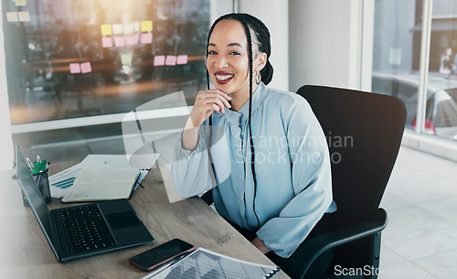 Image of Portrait on woman in office with laptop, smile and ideas on moodboard for business plan, brainstorming or proposal process. Confidence, entrepreneur and happy businesswoman at startup with computer.